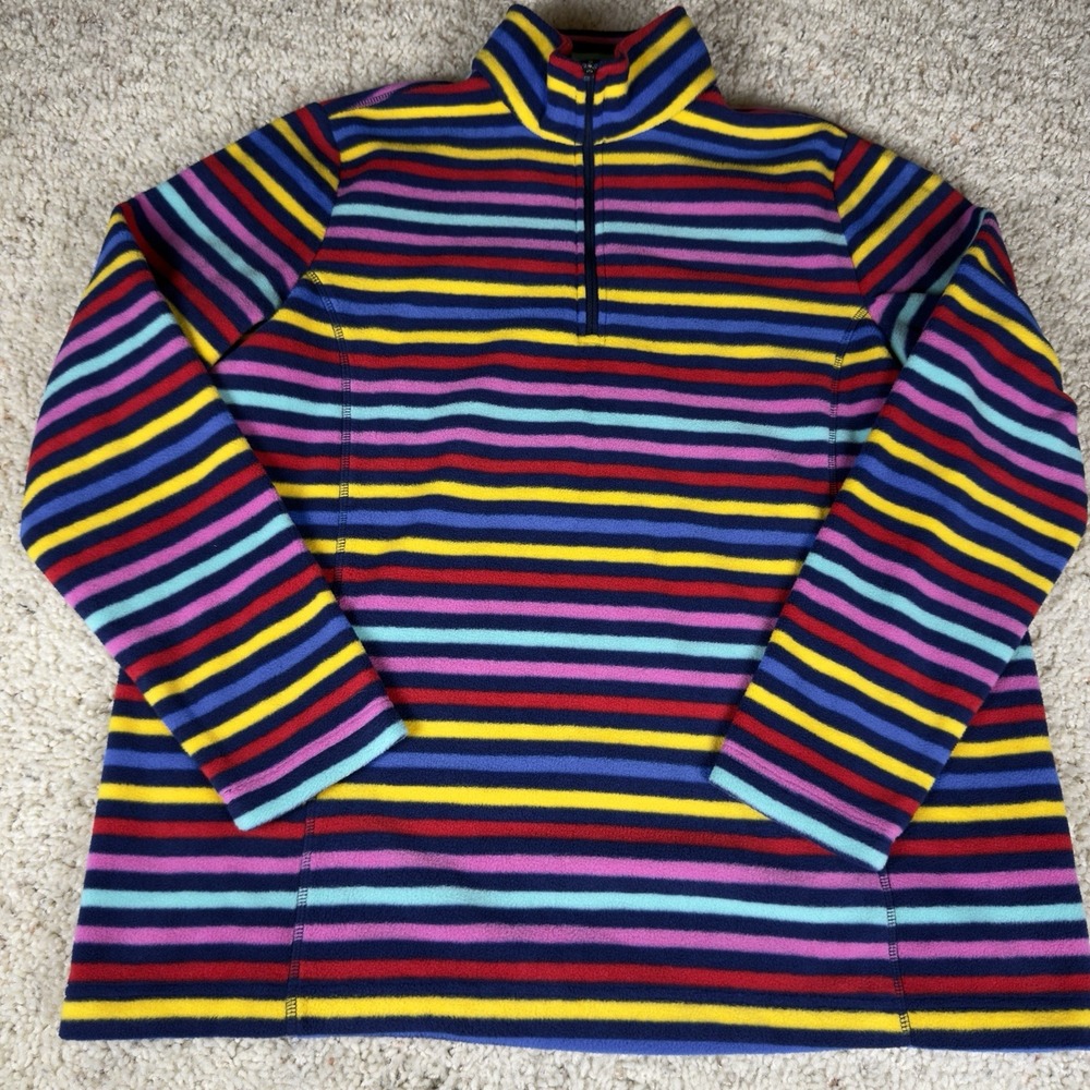 LANDS END Sweatshirt Womens L 14-16 Fleece Striped 1/4 Zip Pullover Blue Pink